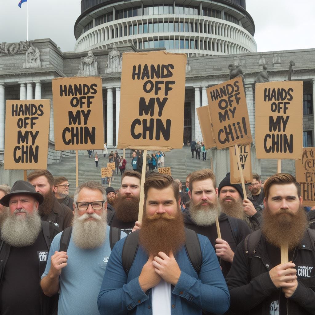 photo of demonstration outside new zealand parliament by bearded men carrying placards saying 'hands off my chin'