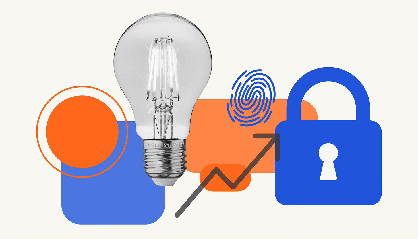 Collage of a lightbulb, fingerprint, and padlock symbolizing innovation, identity, and trust in AI development — inspired by cybersecurity's Human Layer approach.