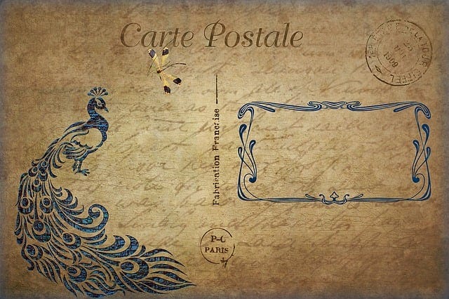 A vintage looking Carte Postale with a printed peacock image.