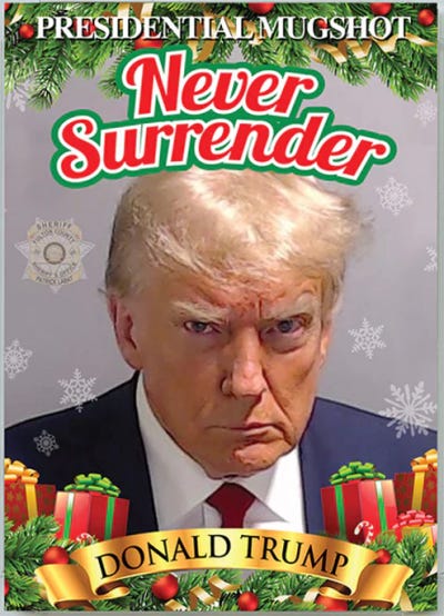 An image of Donald Trump's mug shot behind wrapped Christmas gifts