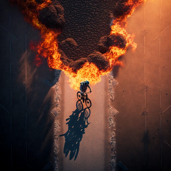 Un cycliste esquivant une bombe