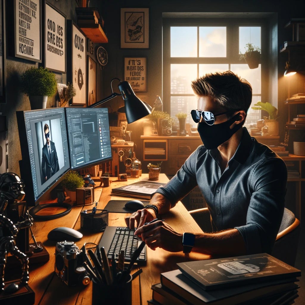 A photograph of a man wearing a mask and sunglasses, working intently on his startup. The scene is set in a small, modern home office, reflecting a personal and innovative work environment. The man is seated at a wooden desk, surrounded by multiple monitors, startup-related books, and tech gadgets. He is wearing a stylish mask and dark sunglasses, adding an air of mystery and focus to his appearance. The background includes a bookshelf filled with various books and startup memorabilia, a window with a view of the city skyline, and a motivational poster on the wall. The lighting is warm and inviting, casting soft shadows and creating a comfortable ambiance. The photograph is taken with a DSLR camera, using a 28mm lens, f/2.8 aperture, 1/80s shutter speed, and ISO 250. The image captures the determination and unique style of an entrepreneur working on his startup from home.