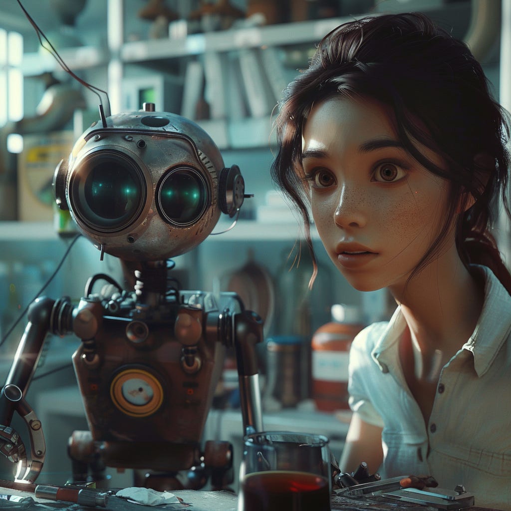 A young woman and a clumsy robot in a scientific laboratory.