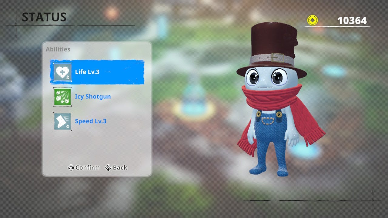 A screenshot showing the player status, where you can equip new abilities. Here, Life Lv. 3, Icy Shotgun, and Speed Lv. 3 are all shown to be equipped, as well as a different hat than the default for Nick Jr.