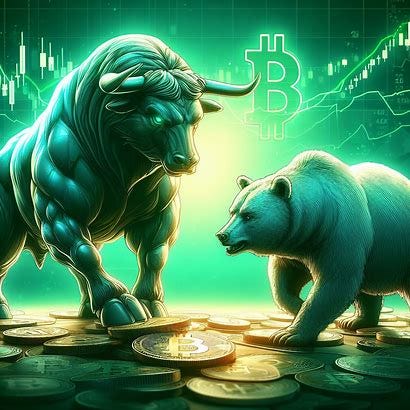 Digital art. strong bitcoin bull and cowering bitcoin bear. green theme.