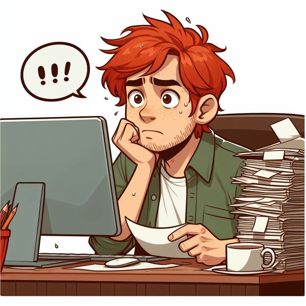 An anxious red haired male writer sitting at his computer looking worried, web cartoon style