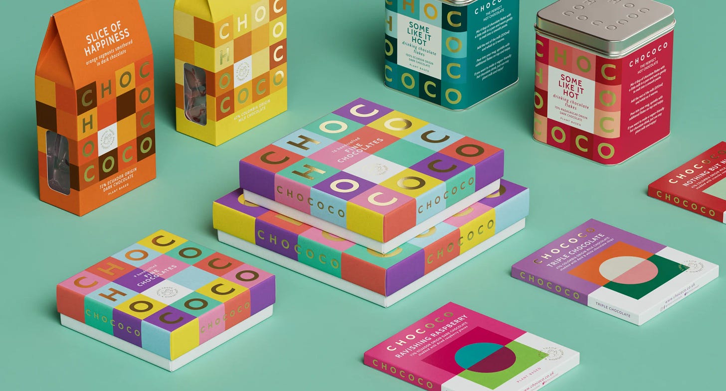 Multi-coloured chocolate packaging, with shapes (especially squares) creating a vibrant pattern.
