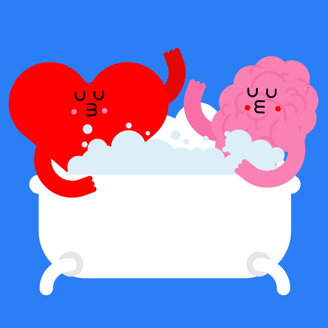 Image of a heart and brain in a bathtub together.