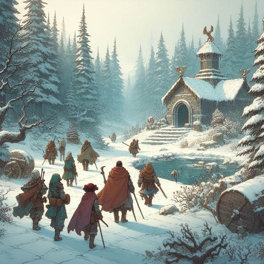 a small band of adventurers walking out of the woods to a guild in a clearing, in the winter with snow on ground, dungeons and dragons fantasy drawing