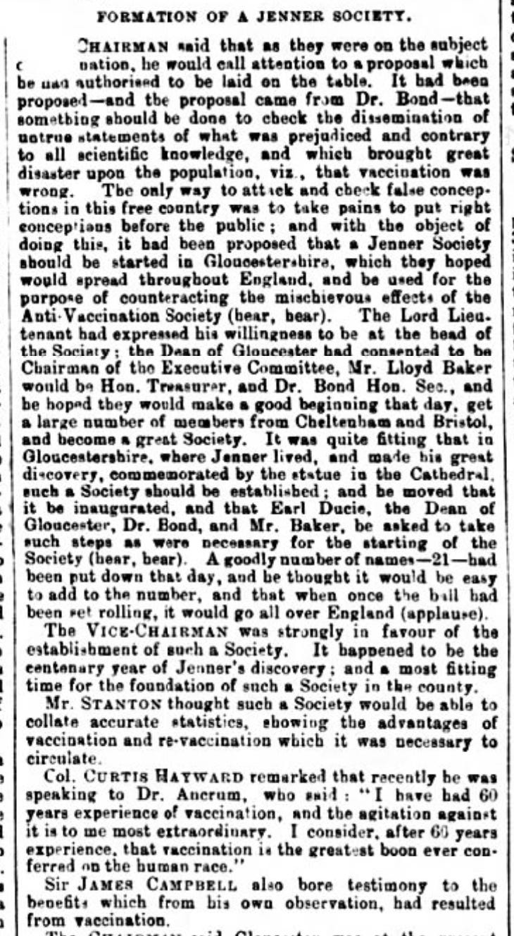 A local Gloucester Jenner Society was created in 1896.