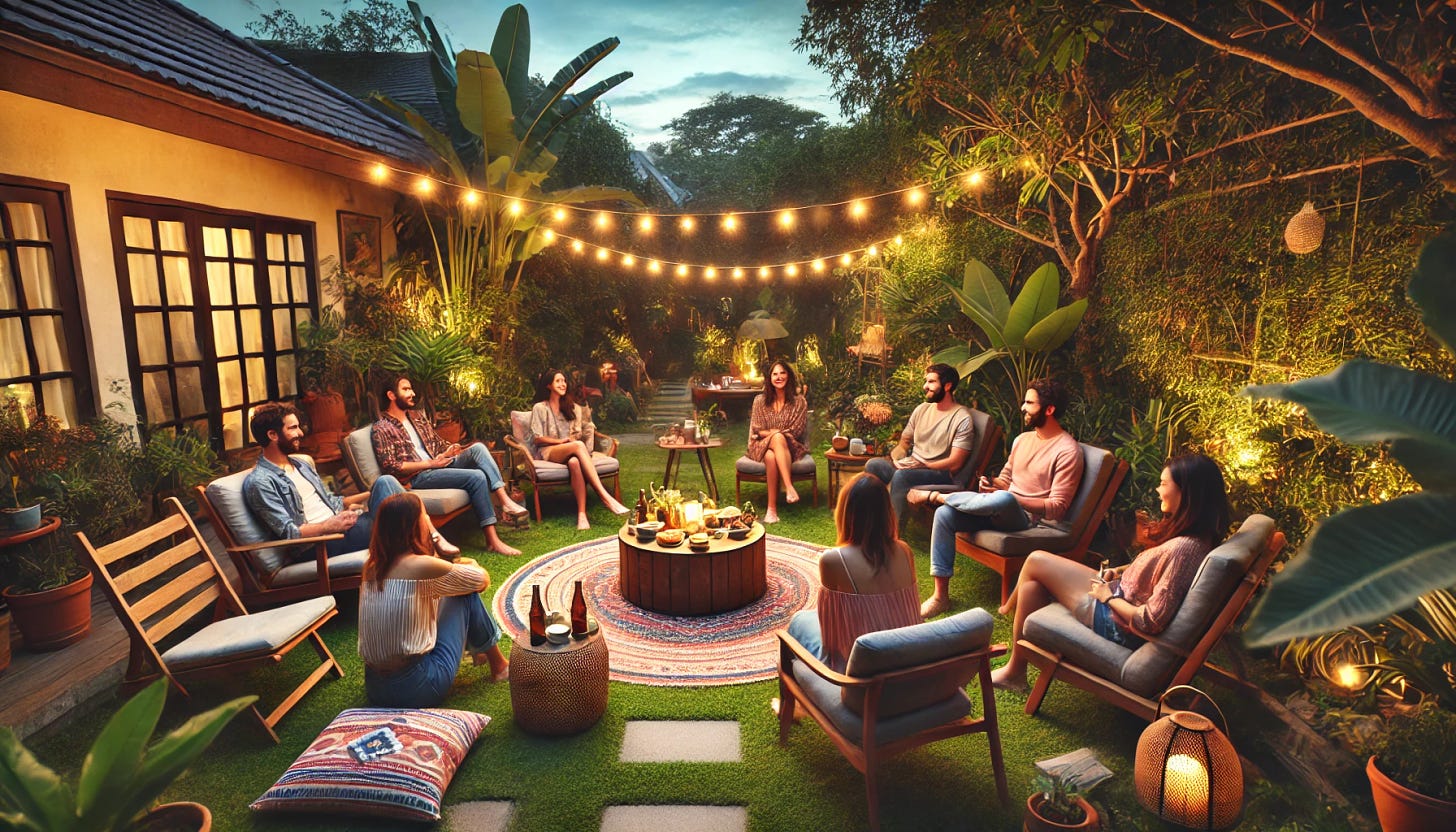 A cozy backyard setting with a group of people sitting in a circle. The atmosphere is warm and inviting, with string lights hanging overhead, providing soft illumination. There is a variety of seating options, including chairs and cushions on the grass. A small table in the center holds snacks and drinks. People are engaged in casual conversation, some laughing and others listening attentively. Trees and plants surround the area, creating a natural, serene environment. The sky is a twilight blue, adding to the relaxed and comfortable ambiance.