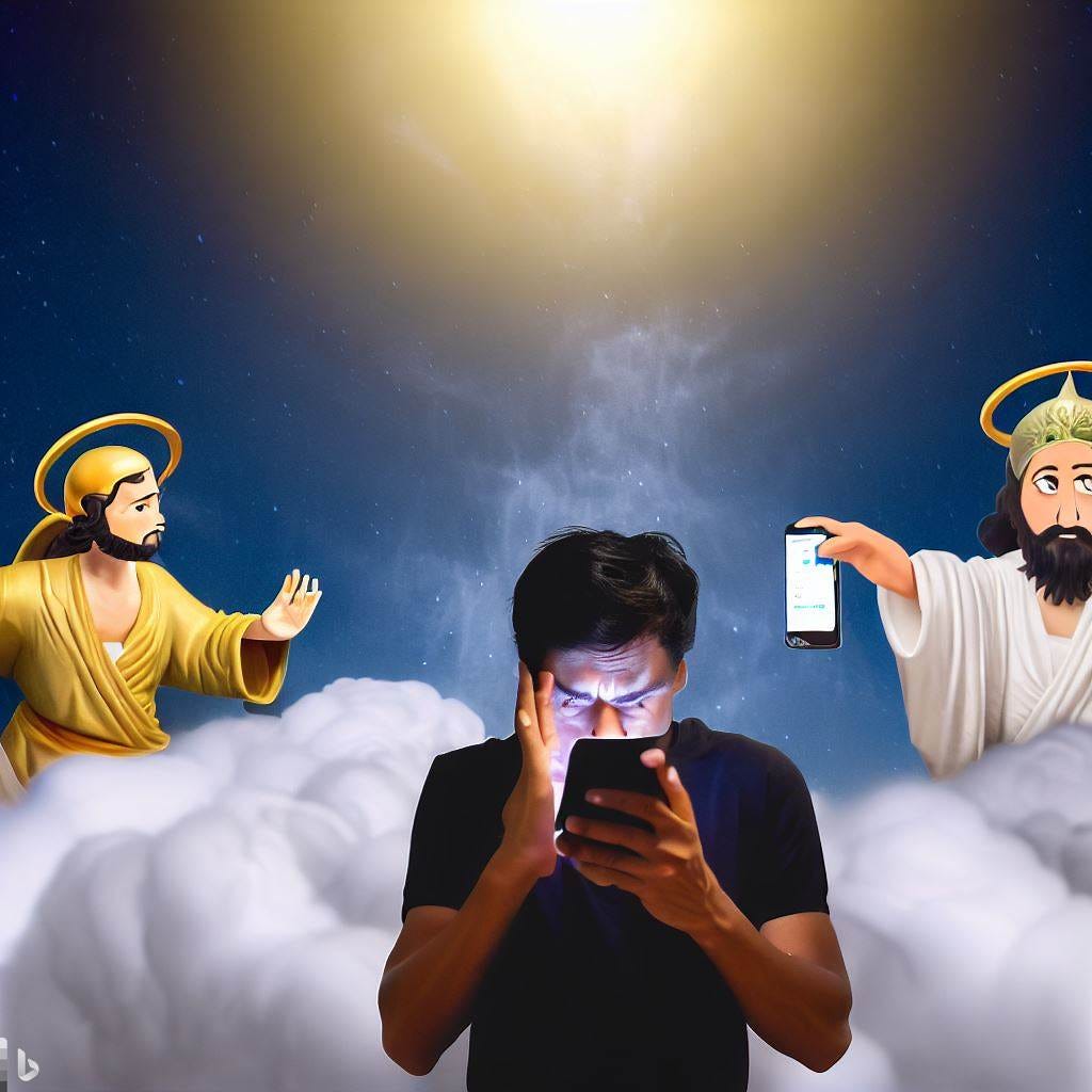 a stressed young asian man using an app on phone with god looking down at him from the clouds. god is also using a mobile phone and he is very angry. put a phone in god's hands. make the gods clearer