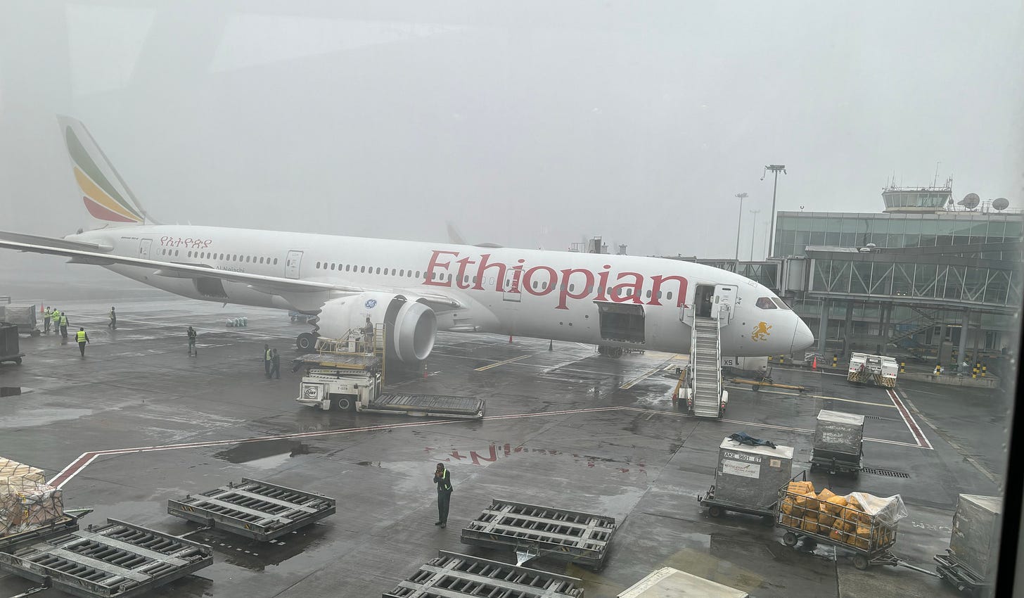 Ethiopian Airlines B787 parked on a foggy morning in Addis Ababa