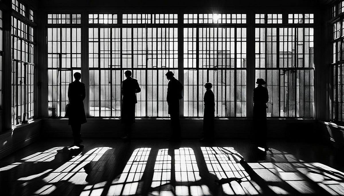 5 figures, in silhouette, standing at window