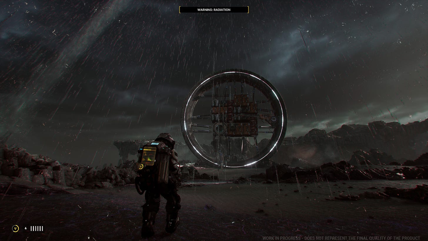 A screenshot of the game The Alters, developed by 11 bit studios, showing the main character in an astronaut suit traversing the alien wasteland and reaching the spaceship shaped like a wheel.