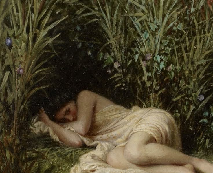 This may contain: a painting of a woman laying on the ground next to tall grass and flowers in front of her