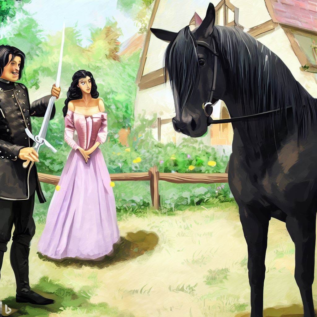 horse giving lecture, man with short black hair holding sword, young blonde woman, princess with long black hair, village garden, fantasy art