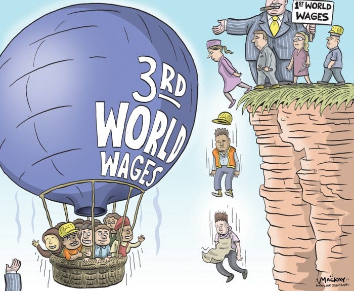 By Graeme MacKay, Editorial Cartoonist, The Hamilton Spectator - By Graeme MacKay, Editorial Cartoonist, The Hamilton Spectator - Tuesday June 19, 2015 OntarioÕs Ôeye-poppingÕ shift to low-wage work It's one of the most excruciating decisions single mom Jodi Dean has ever made: choosing between the unpredictable, $13-an-hour job her family relied on, and taking care of her chronically ill daughter. "It (made) me physically ill with the stress," Dean said. "I needed that job to provide for my children." Welcome to the new normal for families across the province: low salaries, erratic schedules, dwindling hours, unpaid leave and constant stress. Ontario's low-wage work force has skyrocketed by 94 percent over the past two decades, compared with just 30 percent growth in total employment, according to a new report. 'Clearly, people need more predictability both in their schedules and in their incomes' In one of the few province-wide studies of precarious employment, the research details an "eye-popping" shift toward poorly paid, non-unionized work across Ontario. It shows that 40 percent of low-wage employees are saddled with unpredictable shifts, and the overwhelming majority do not get paid when they need time off. That reality, the report argues, calls for sweeping changes to the province's employment and labour laws, whose many loopholes have been detailed by the Star and are currently the subject of government review. "Clearly, people need more predictability both in their schedules and in their incomes," added Sheila Block, a senior economist at the Canadian Centre for Policy Alternatives and author of the study. The research compiled by the left-leaning think tank shows that the share of Ontario workers labouring for the minimum wage is now five times higher than in 1997. It rose from less than 3 per cent of all employees to about 12 per cent in 2014. The share of low-paid work has also ballooned: almost a third of all employees in the province are no