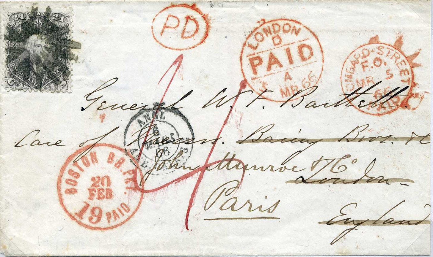 1866 simple letter from the US to England, forwarded to France