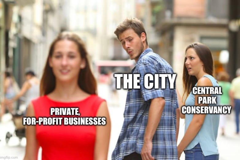 The Distracted Boyfriend Meme. The woman in red is labeled "Private, For-Profit Business," the boyfriend is labeled "The City" and the neglected girlfriend is labeled "Central Park Conservancy."
