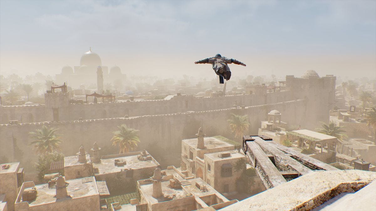 Basim performs a leap of faith from a tall tower in Baghdad in Assassin’s Creed Mirage