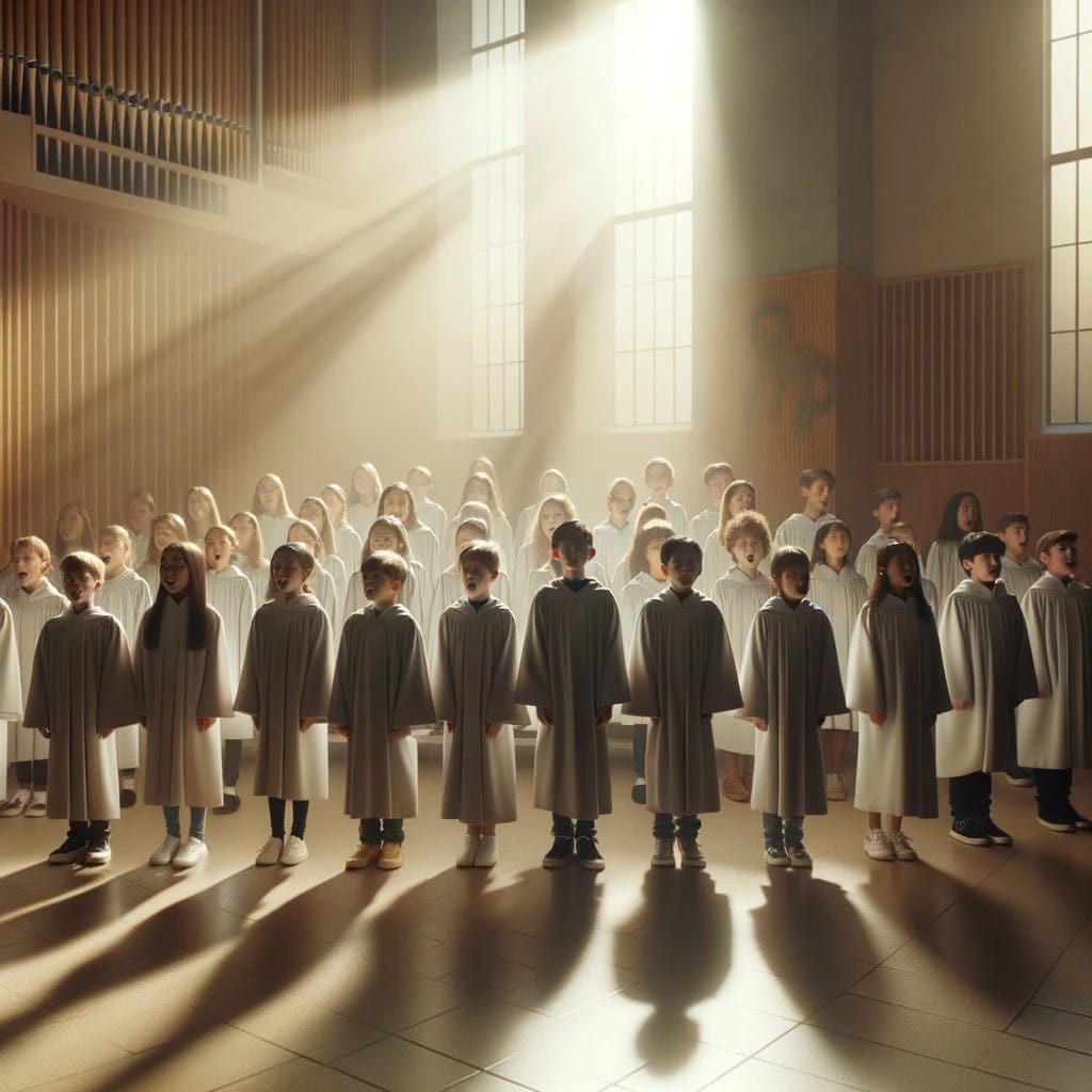 Photo of a diverse group of children standing in a well-lit room, wearing choir robes and singing harmoniously. The room's ambiance is calm and peaceful, with golden rays of sunlight filtering through the windows. However, in the background, there are subtle shadows and a hint of fog, creating a slight eerie atmosphere.
