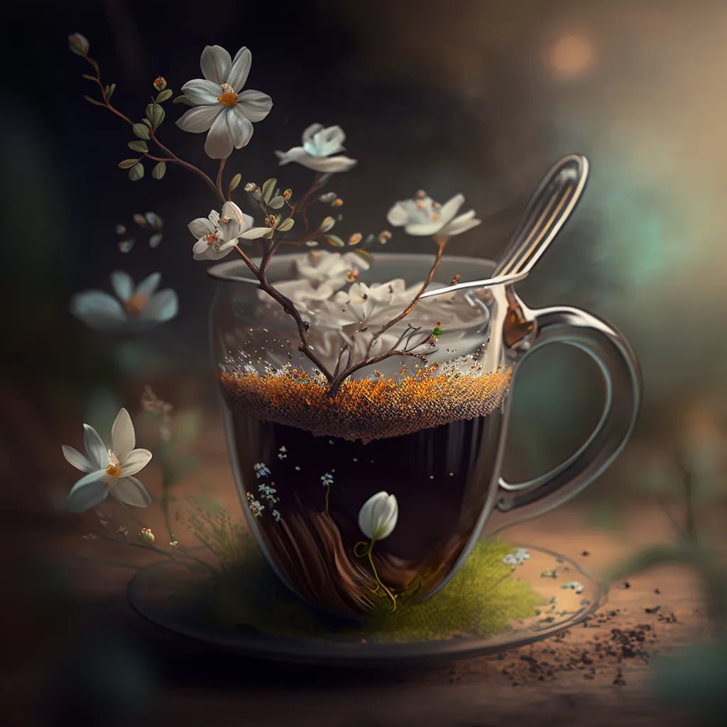 AI Generated Image of a tea cup with flowers growing out of it