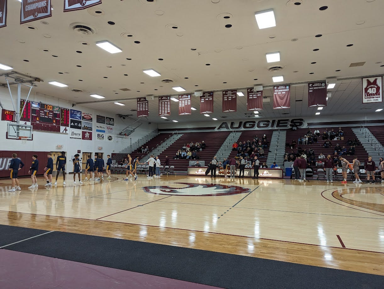 Ernie Anderson Court at Si Melby Hall from courtside on the far side of the court.