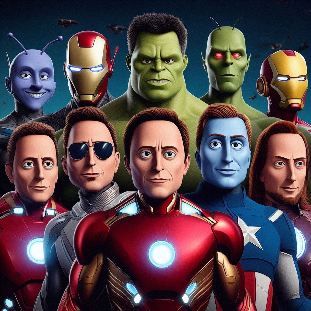 The Avengers ensemble with satirical anthropomorphic representations of SpaceX, Tesla, xAI and X.com companies