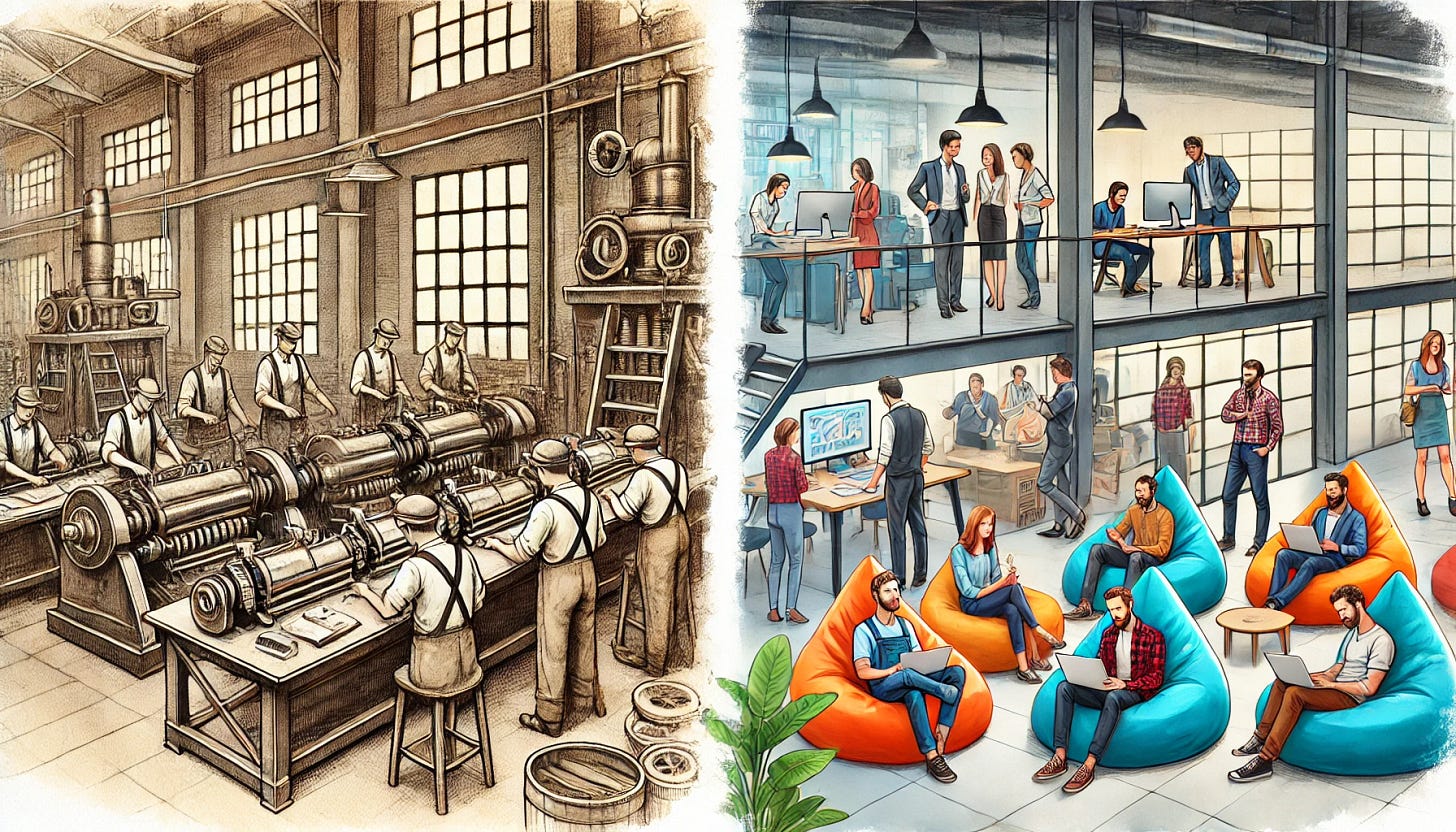 A widescreen digital artwork in watercolor style, divided into two scenes. On the left side, a 1950s factory setting shows workers standing in front of large machines, focusing on repetitive tasks, with an industrial and structured atmosphere. On the right side, a modern, creative startup office with a diverse group of people in casual clothing, interacting and enjoying a more relaxed environment. The office includes fun furniture like beanbag chairs, nap pods, and open workspaces, with workers appearing lively and engaged in collaborative activities. The contrast highlights the differences in work culture and environment between the eras.