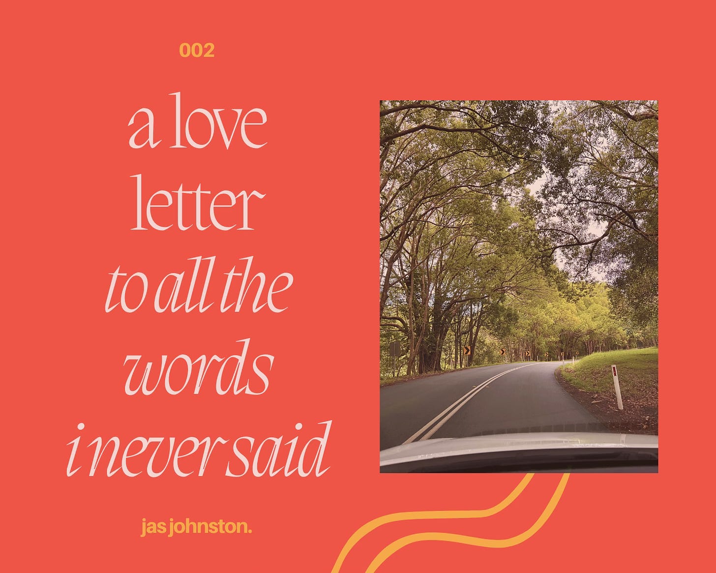 a coral background with a picture of the road in front of the car. trees line the road. the words on the image say: a love letter to all the words i never said.