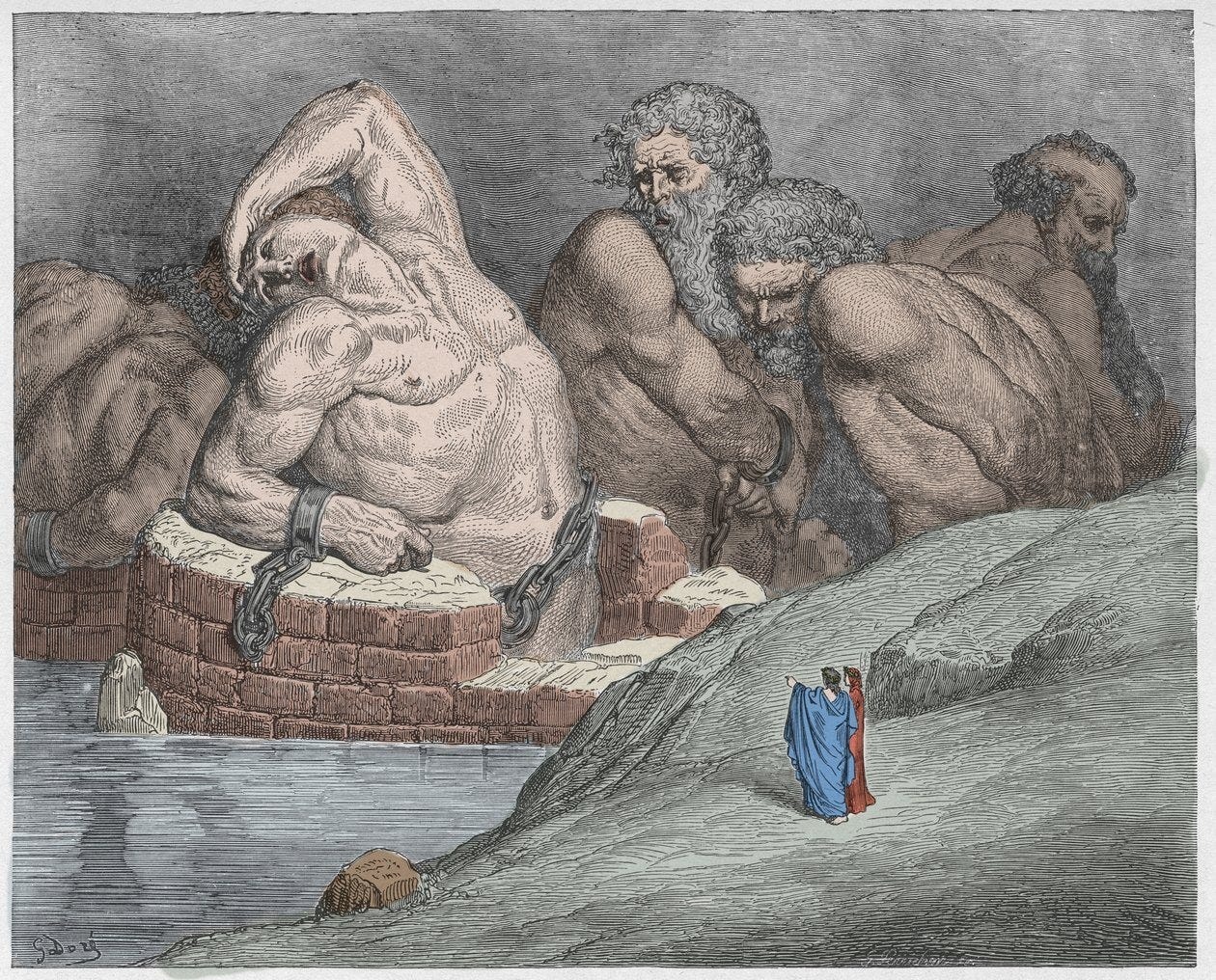 Inferno, Canto 31: Ephialtes in manacles among the giants (illustration  from The Divine Comedy)