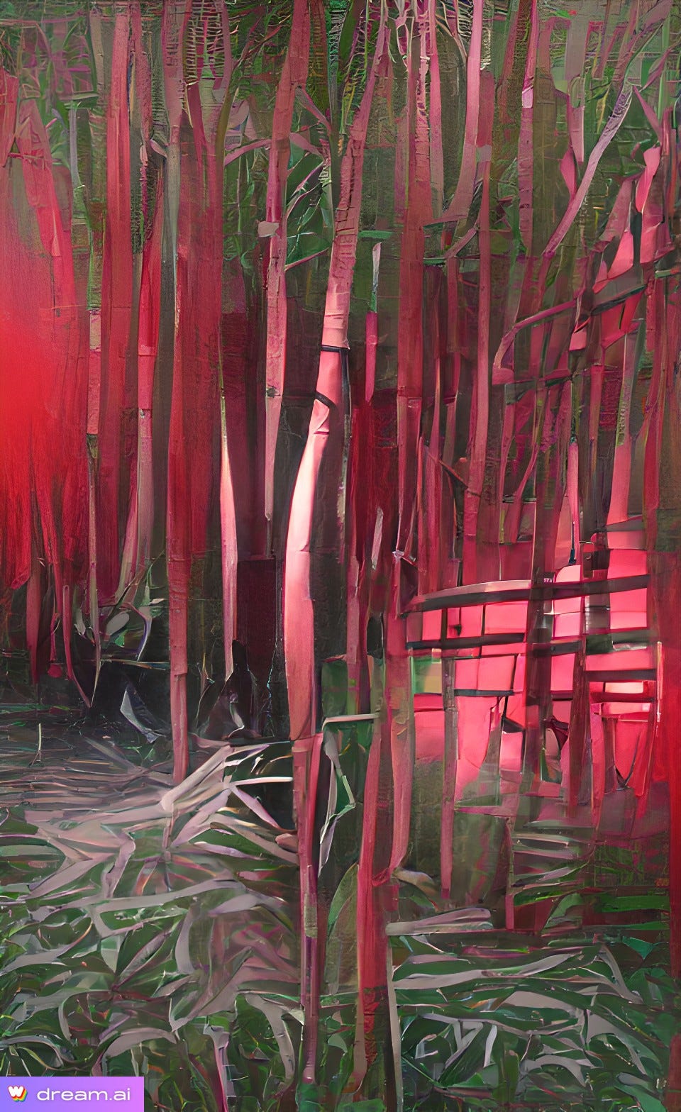 A.I. image of a house in a bamboo forest, in an abstract style all colored red