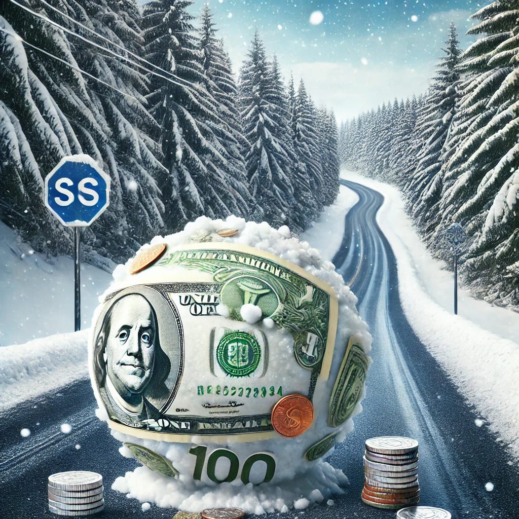 A creative image of a snowball rolling down a road, growing larger as it picks up money along the way. The snowball is made of snow but embedded with dollar bills, coins, and financial symbols, symbolizing the accumulation of wealth through compounding. The road is long and winding, surrounded by trees with snow on their branches, with a blue sky in the background. The image captures the concept of wealth building, as the snowball gathers more money on its journey down the road.