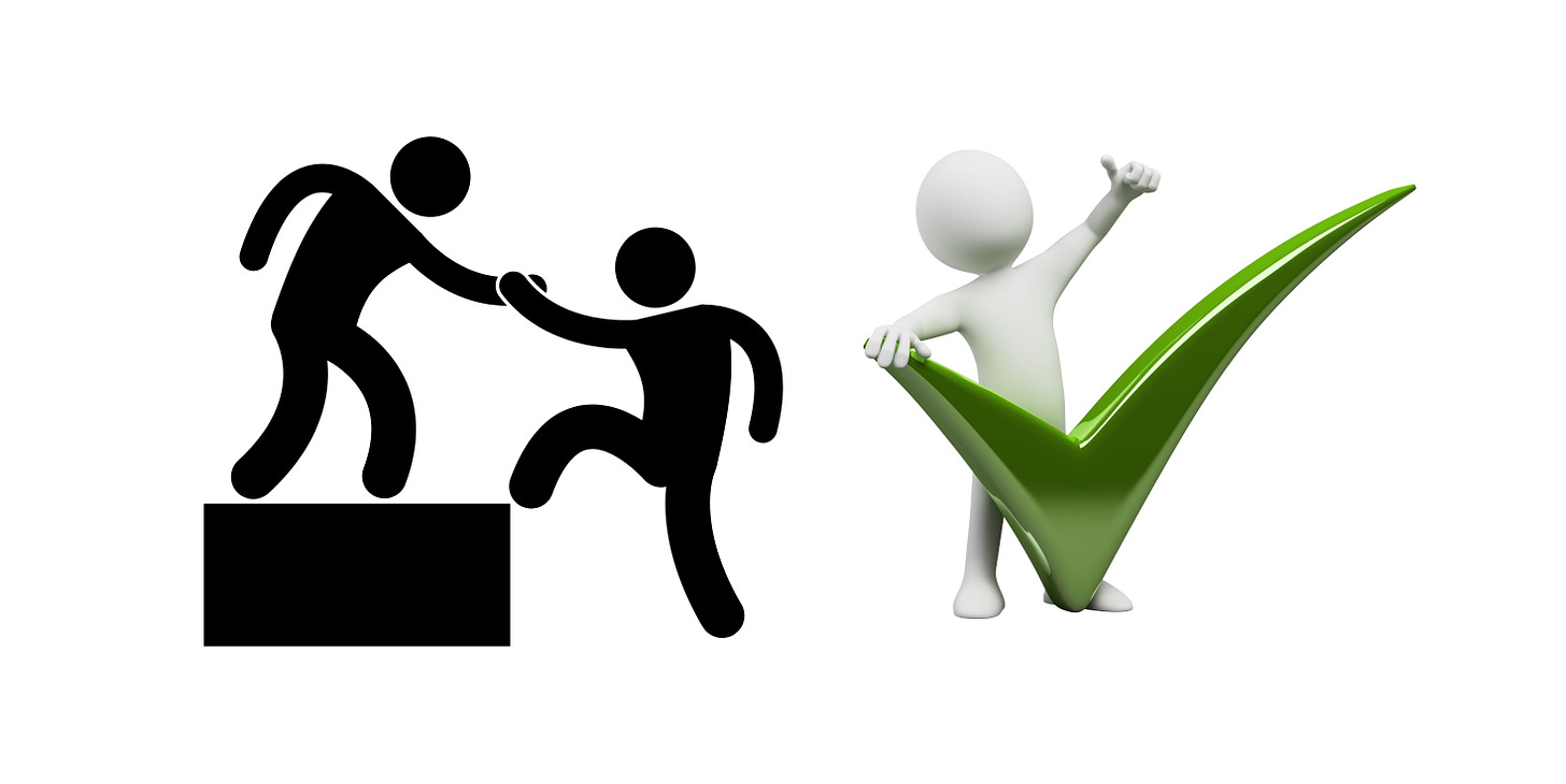 Person helping another person up on the left and a thumbs up person with a green checkmark on the right.