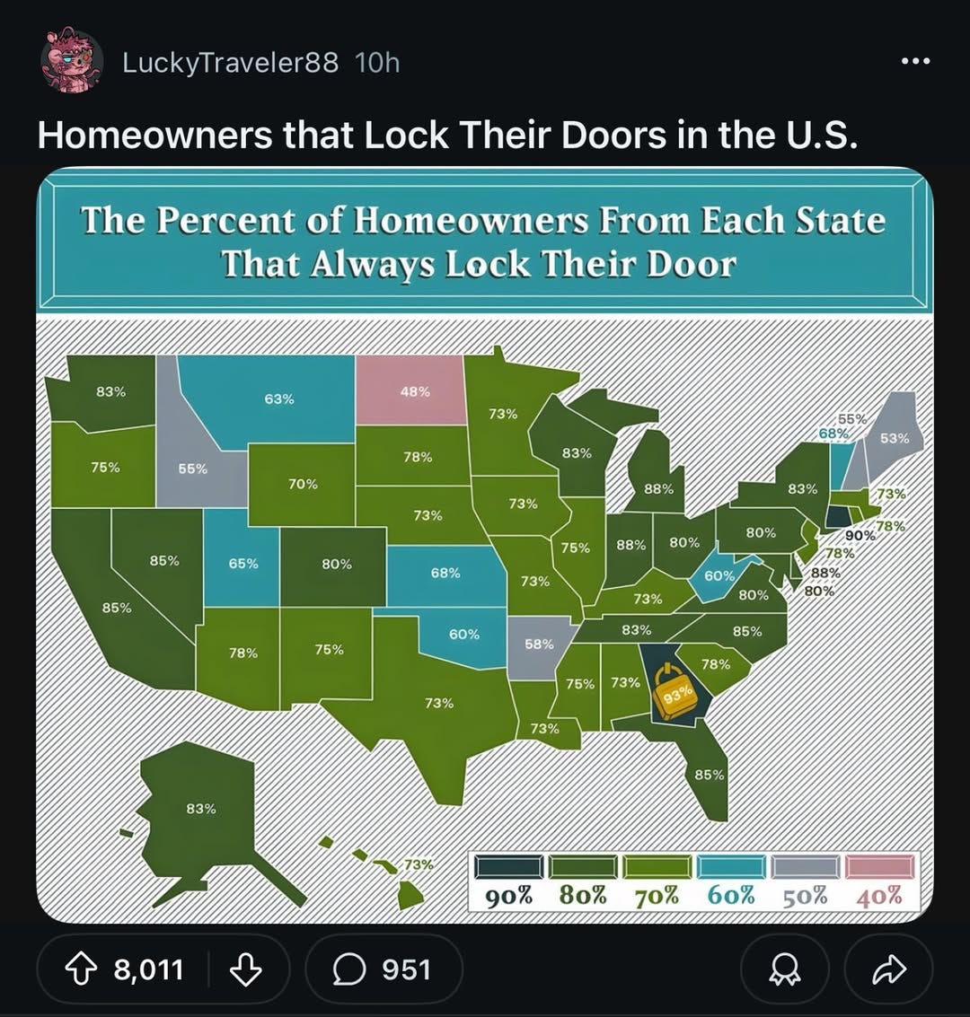 MAPPED: The Percent of Homeowners From Each State That Always Lock Their Door MAPPED: The Percent of Homeowners From Each State That Always Lock Their Door