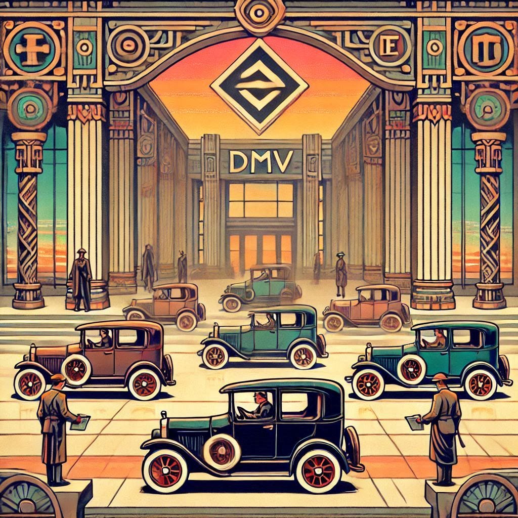 Art Deco painting of the DMV run by Amazon, following the provided style guide