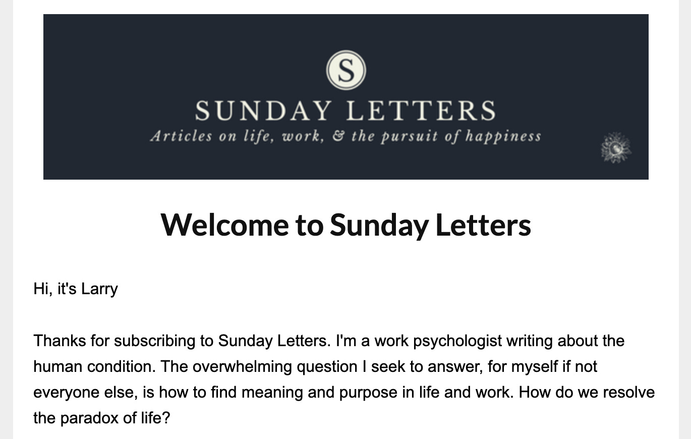 Welcome email Sunday Letters