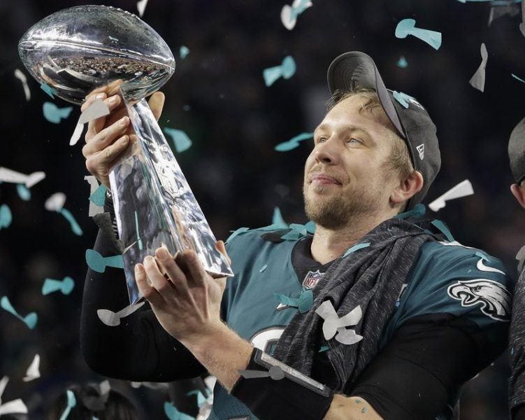 nick foles mvp holding vince lombardi trophy bulge after super bowl 52