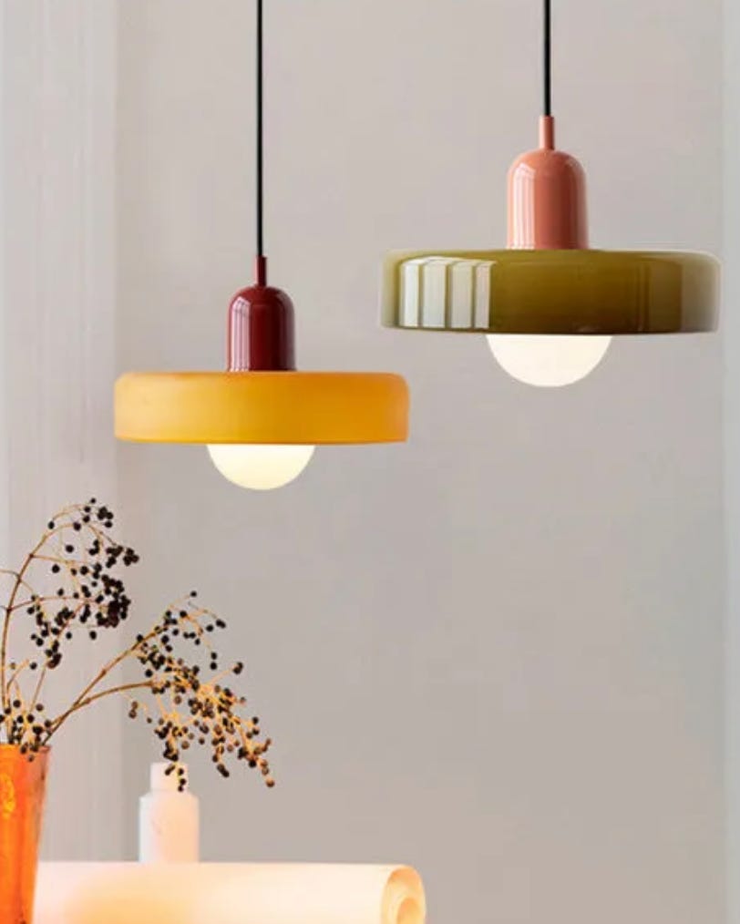 Multi-coloured glass light pendants in green and yellow