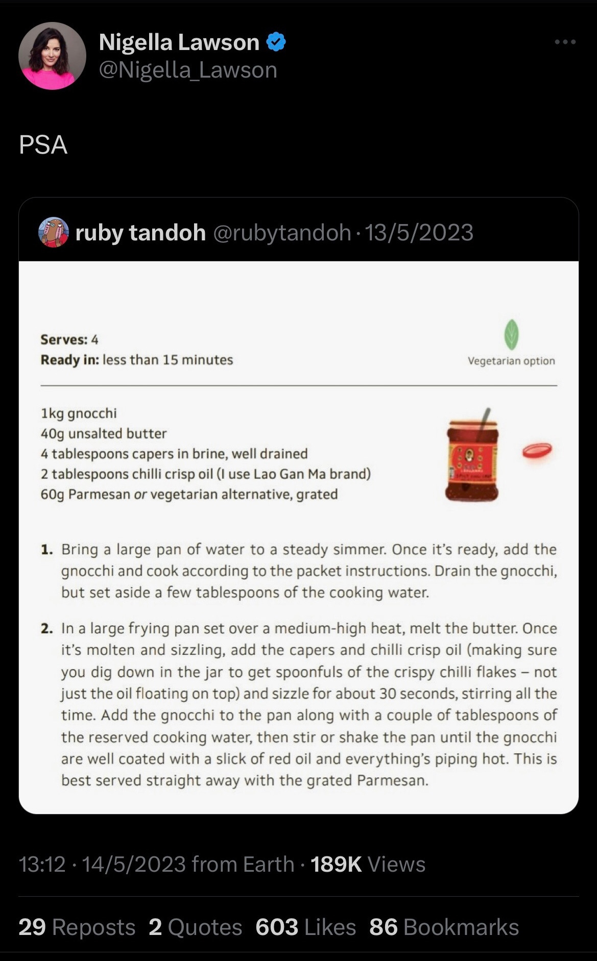 screenshot of tweet from Ruby Tandoh showing recipe for gnocchi with chilli crisp oil, capers and parmesan