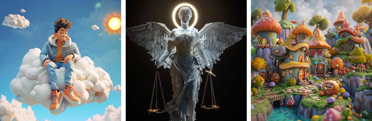 Boy sitting on top of a cloud | White angel of justice | Village of furry creatures