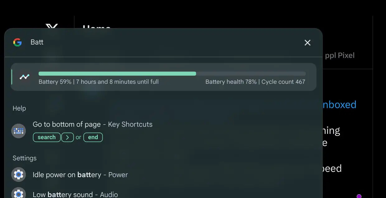 Chromebook Diagnostics in the ChromeOS Launcher showing battery life and health