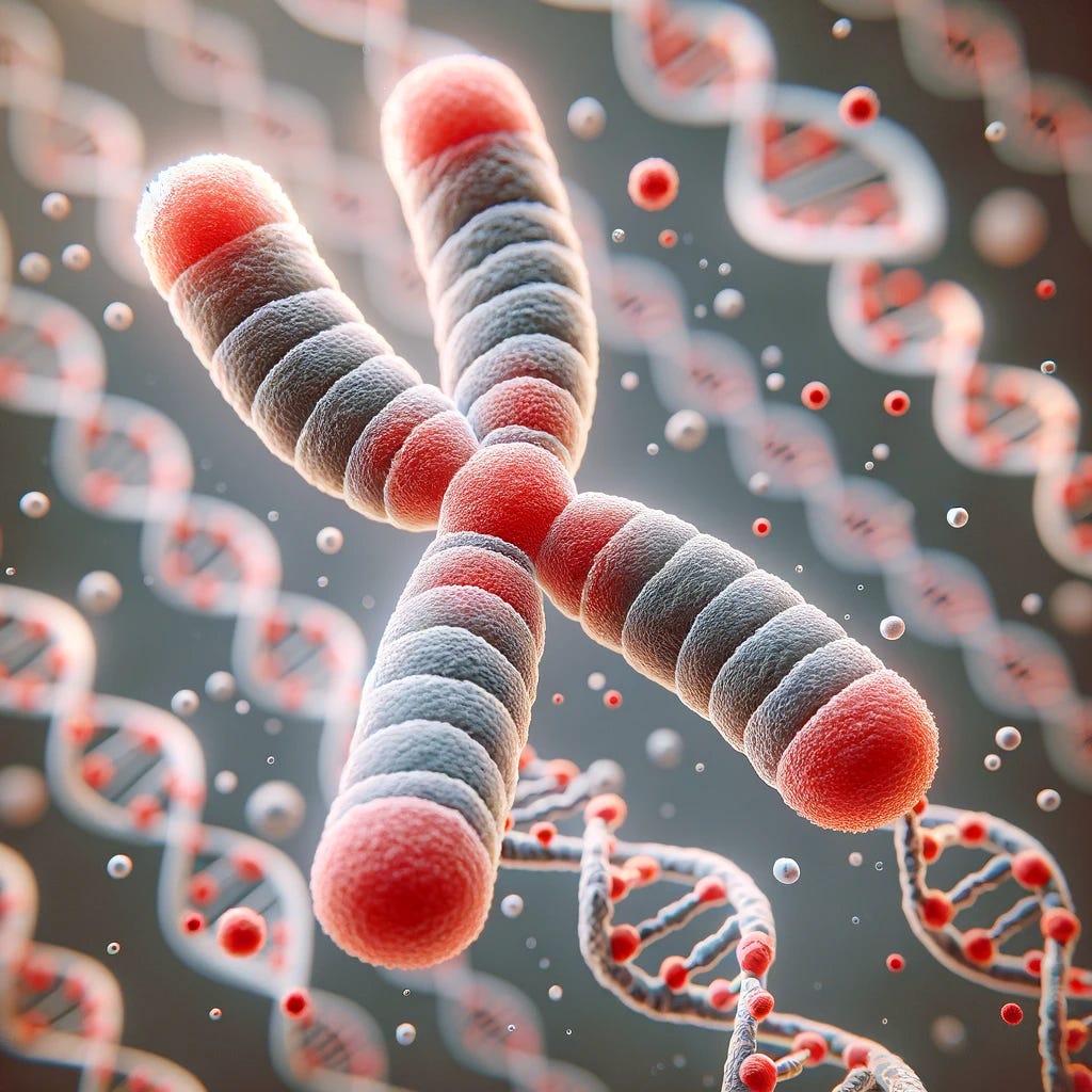 a detailed illustration of a chromosome with an X shape, focusing on the tips where the telomeres are located. Telomeres key to aging.