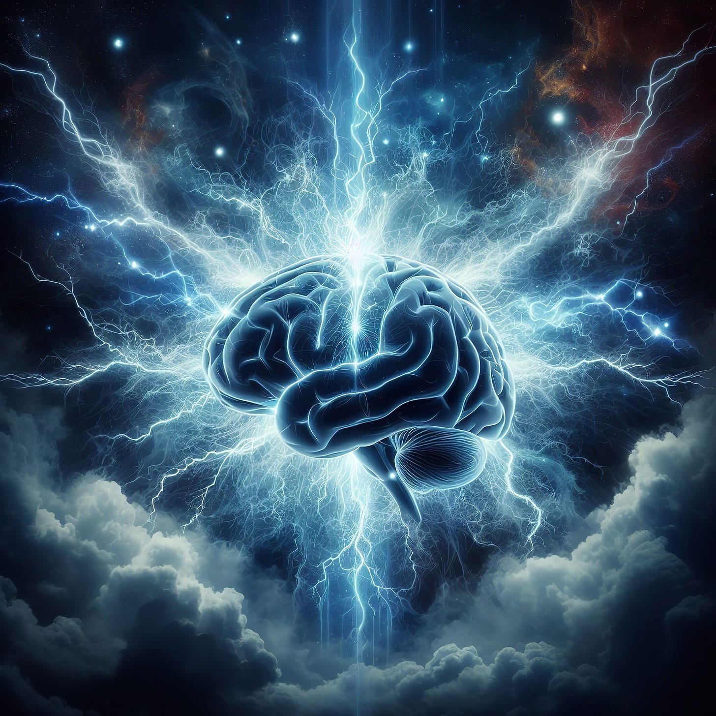 brain giving off electricity as lighning bolts against a dark sky and clouds