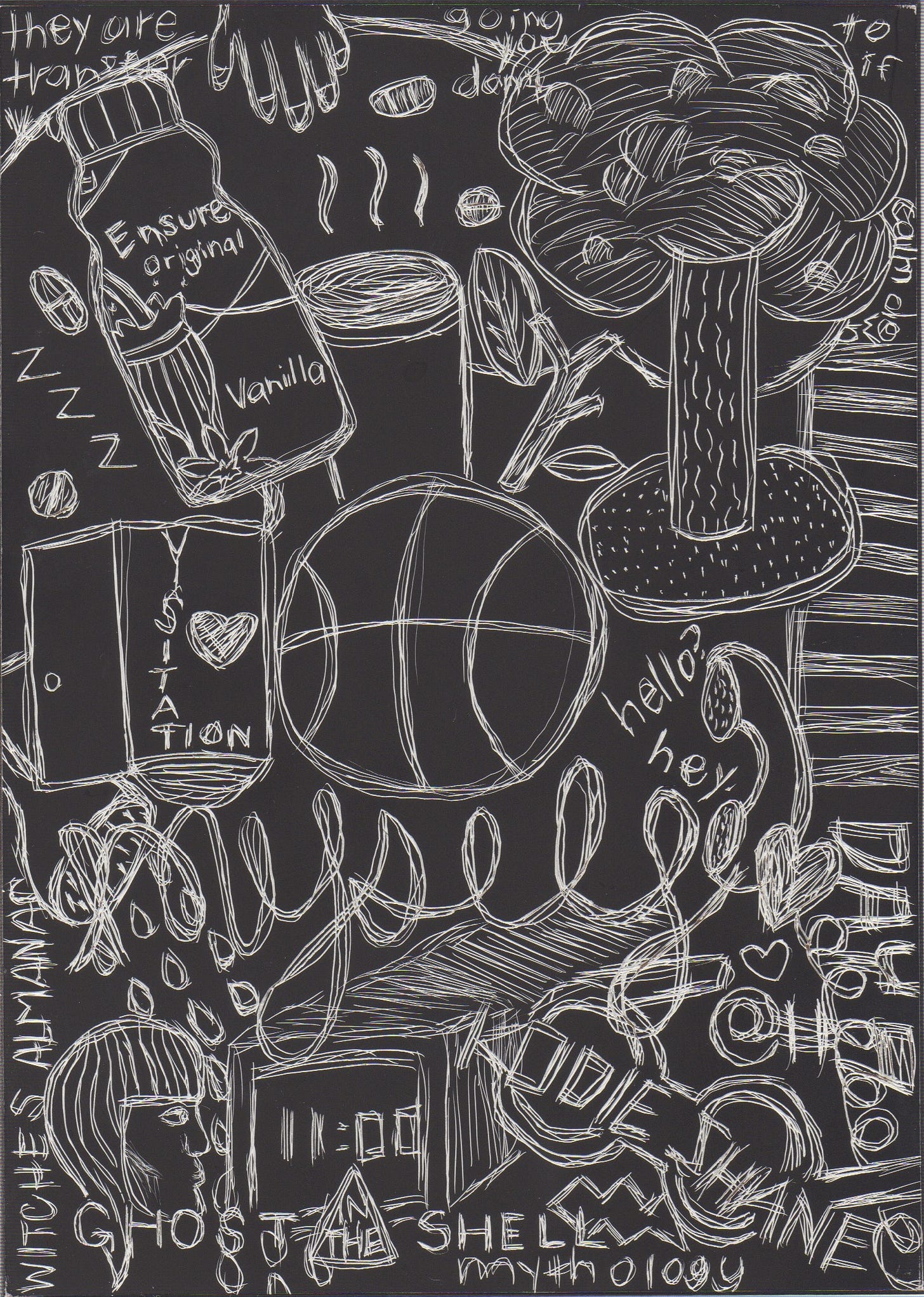 A black scratch board with lots of jumbled images sketched into it including a tree, basketball, the word "myself", a bottle of Ensure, and pills.