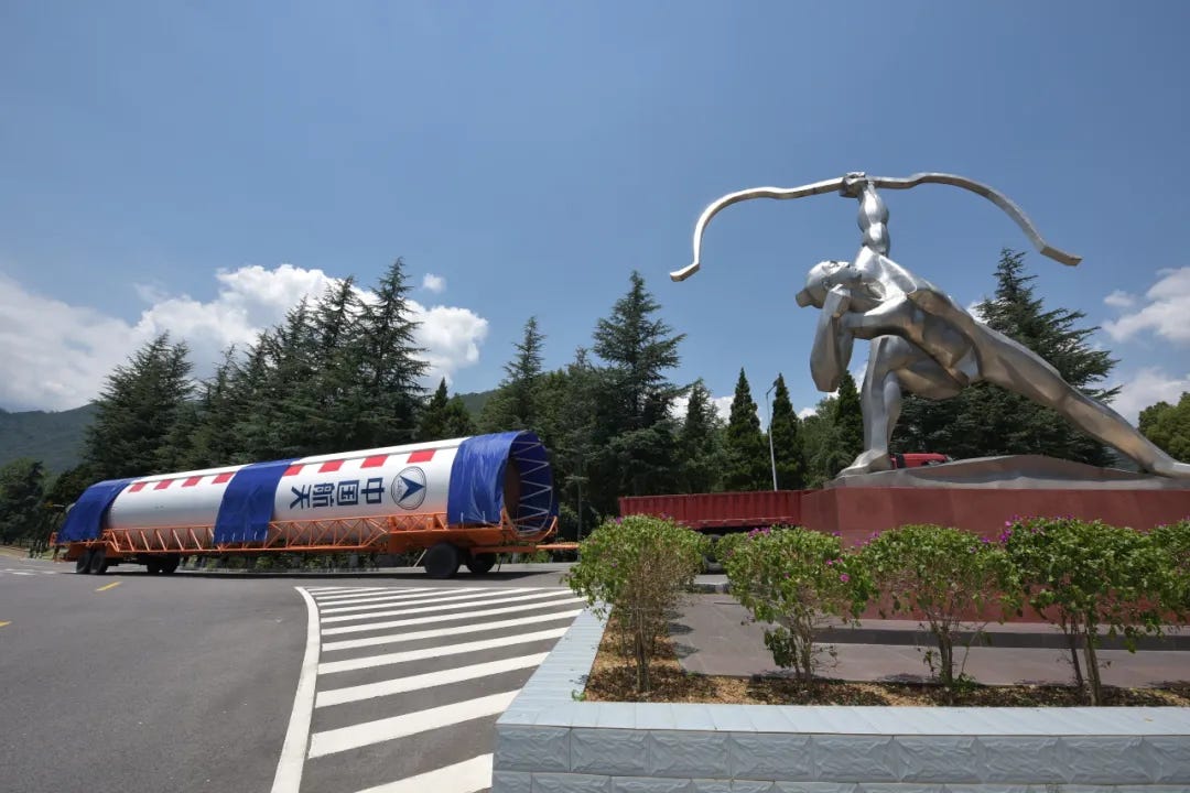 The first-stage of the Long March 4B headed toward Launch Complex 3 at the Xichang Satellite Launch Center.