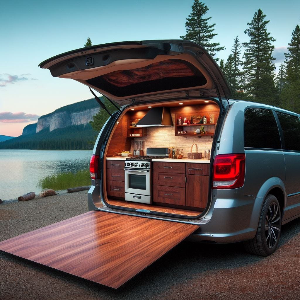 minivan camper at a campsite with a built in gourmet kitchen