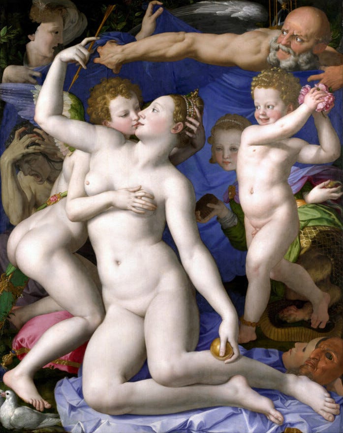Venus is fondled by Cupid as Time and various cherubs look on