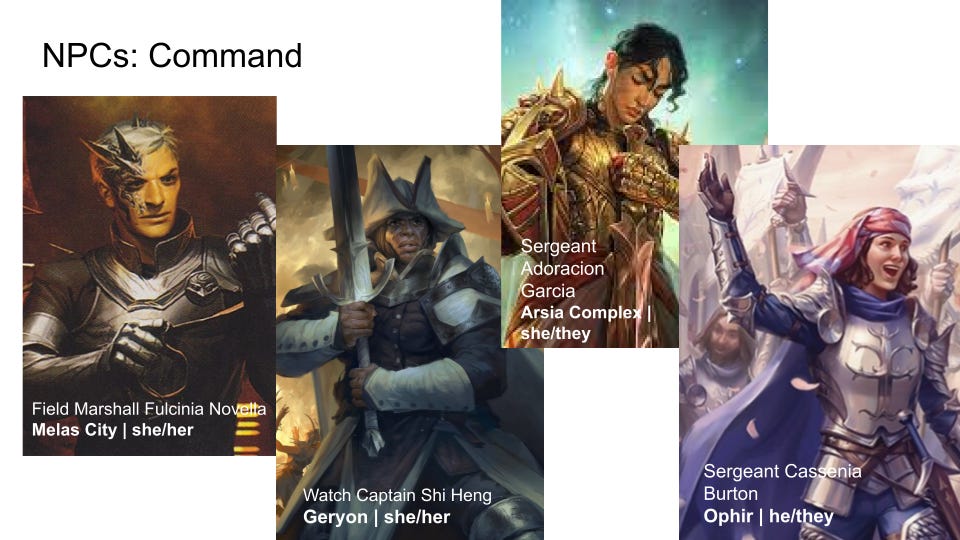 Top left of this slide has the text "NPCs: Command". From left to right are four character drawings of various armored fantasy soldiers.